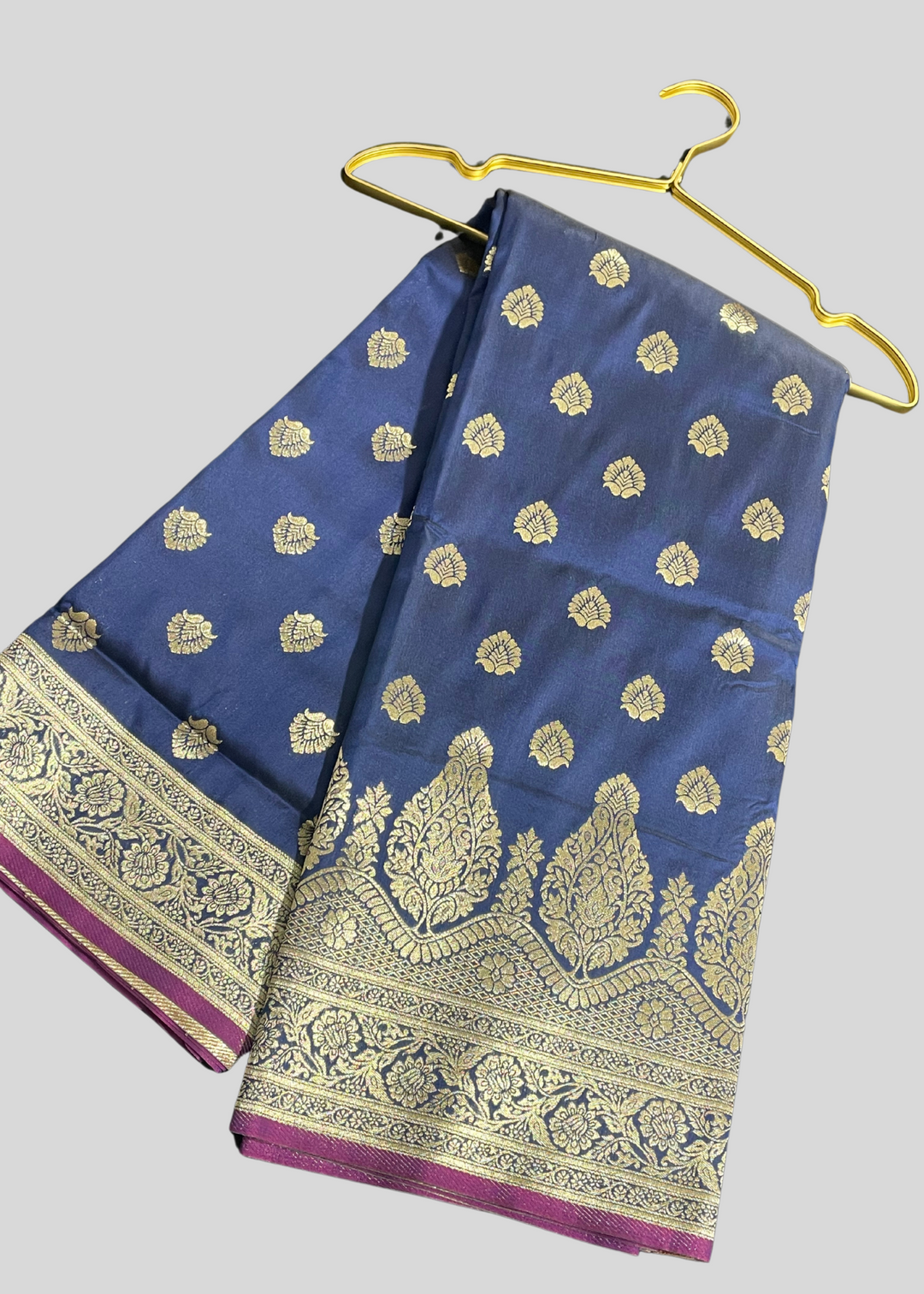 Navy blue banarasi lichi silk saree with zari weaving work [SKU:S100802]