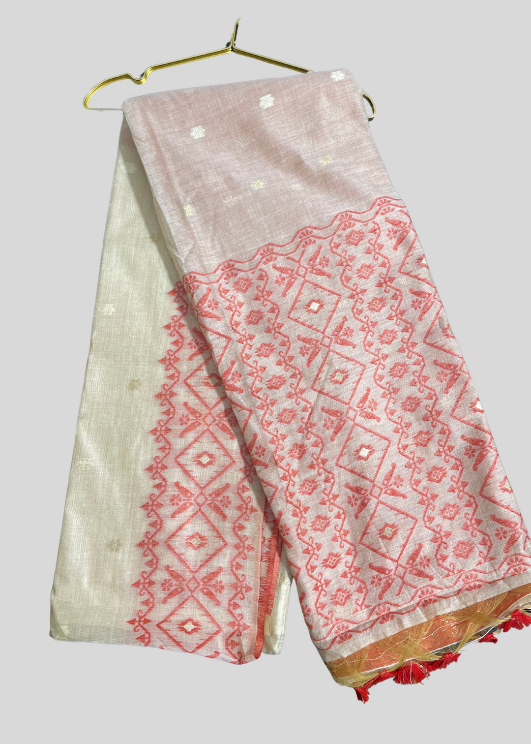 # Off white and red color soft muga cotton saree with jamdani woven design [SKU:S103342]