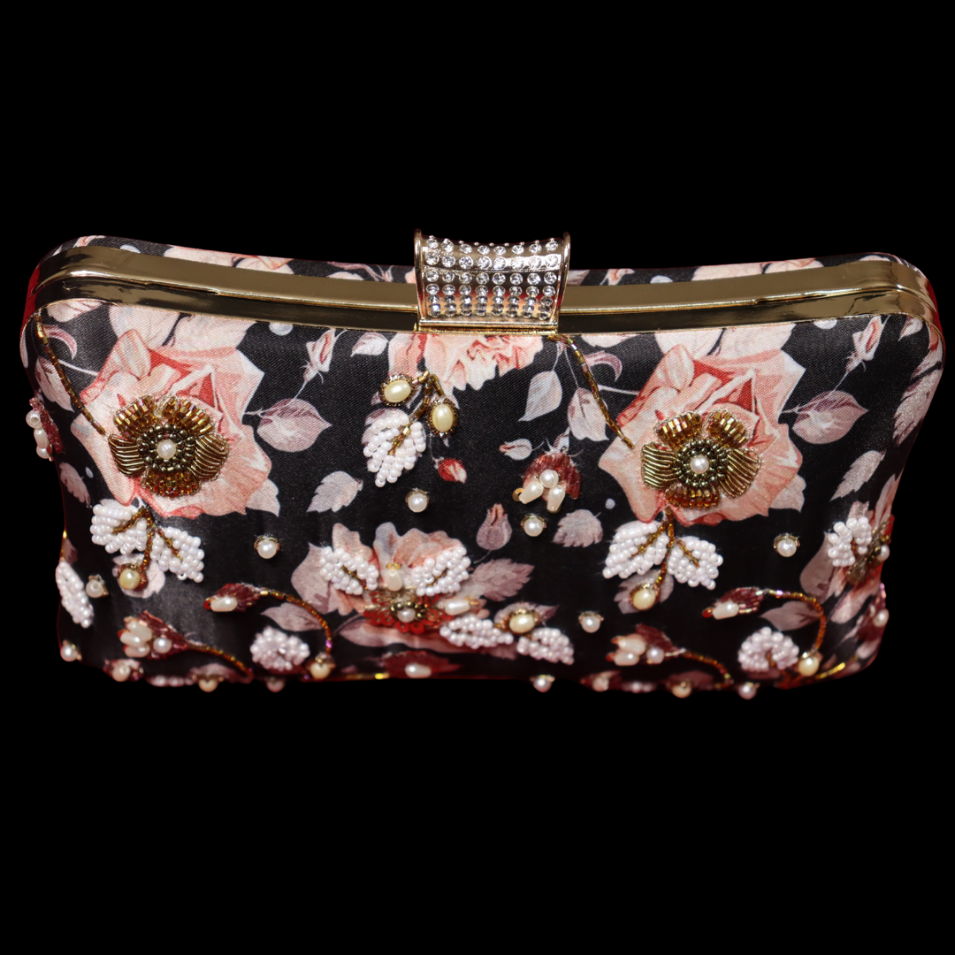 Poppy Black and multi Floral Clutch [SKU:100352]