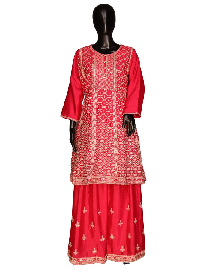 Rani Pink Chinnon Silk Embroidery Worked Sharara Suit
