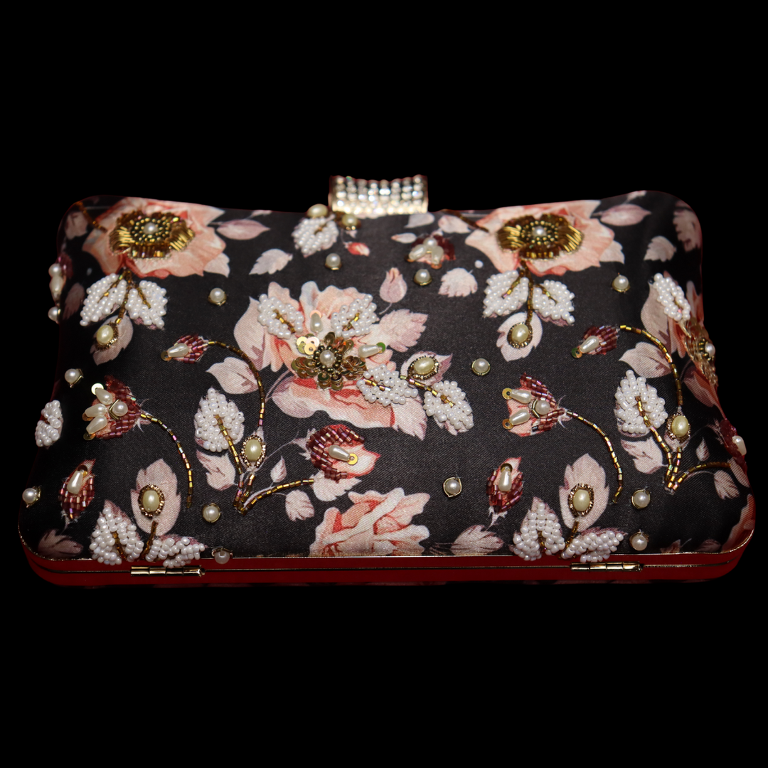 Poppy Black and multi Floral Clutch [SKU:100352]