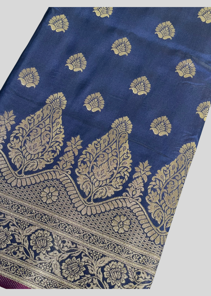Navy blue banarasi lichi silk saree with zari weaving work [SKU:S100802]