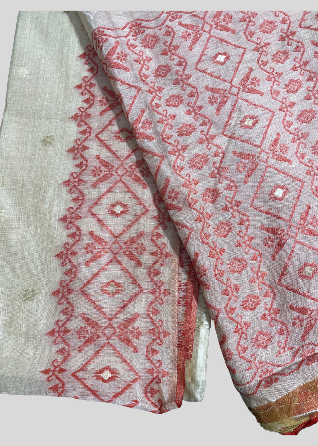 # Off white and red color soft muga cotton saree with jamdani woven design [SKU:S103342]