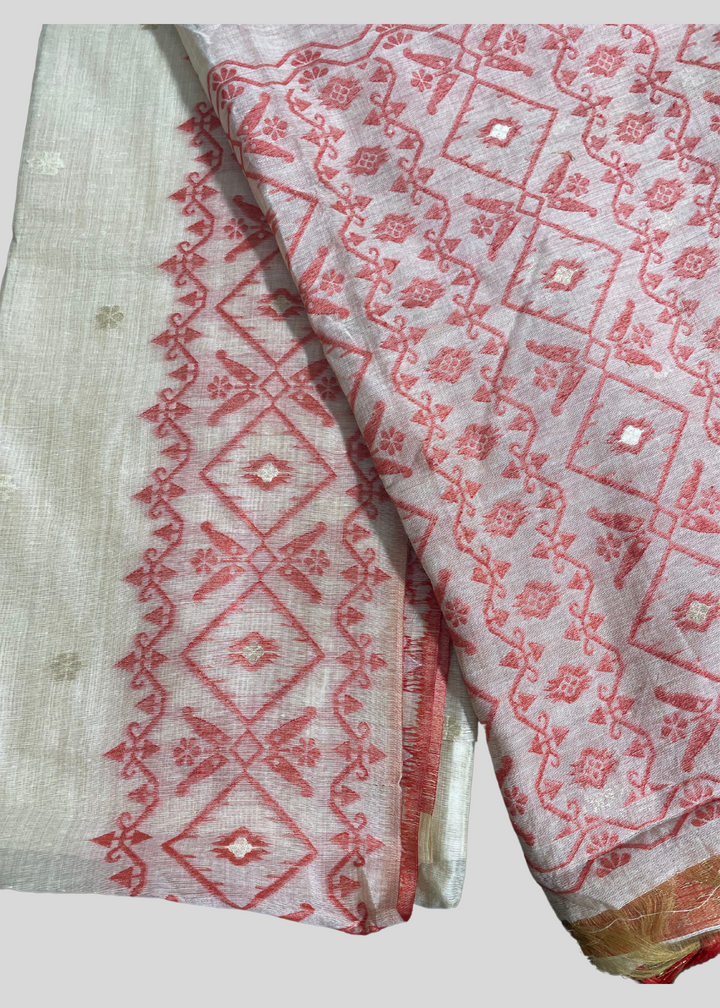 # Off white and red color soft muga cotton saree with jamdani woven design [SKU:S103342]