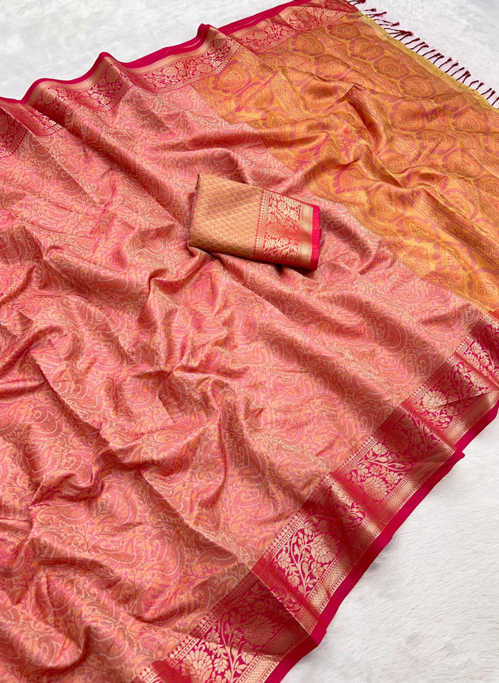 # Peach banarasi silk saree with zari weaving work [SKU:S101722]