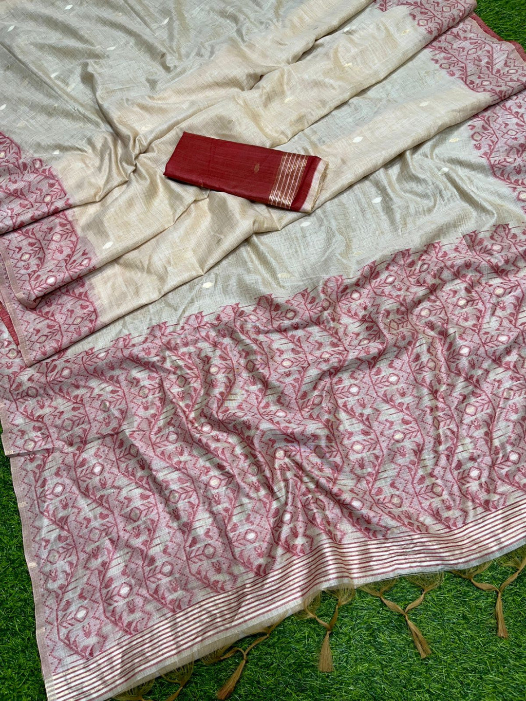 # Off white and red color soft muga cotton saree with jamdani woven design [SKU:S103342]