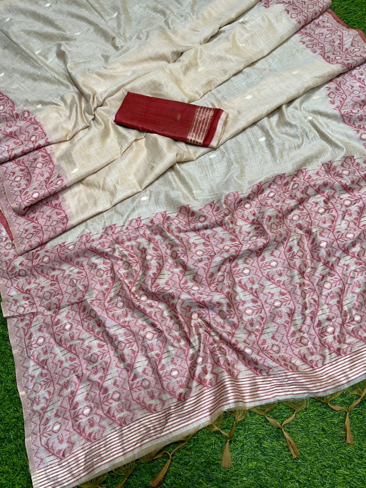 # Off white and red color soft muga cotton saree with jamdani woven design [SKU:S103342]
