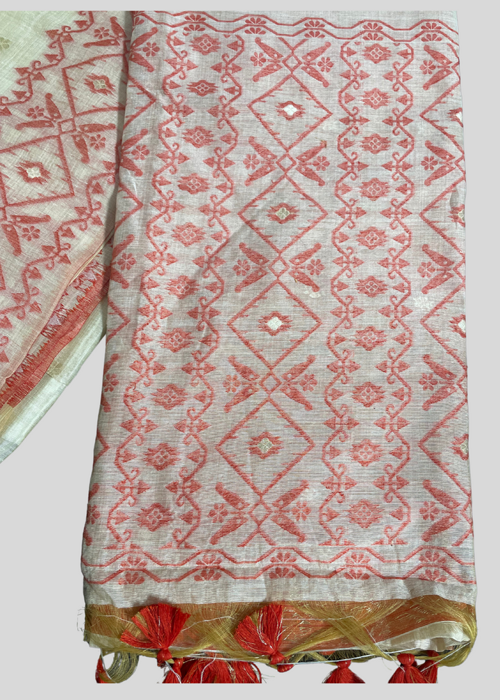 # Off white and red color soft muga cotton saree with jamdani woven design [SKU:S103342]
