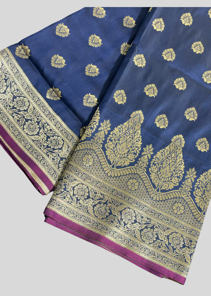 Navy blue banarasi lichi silk saree with zari weaving work [SKU:S100802]