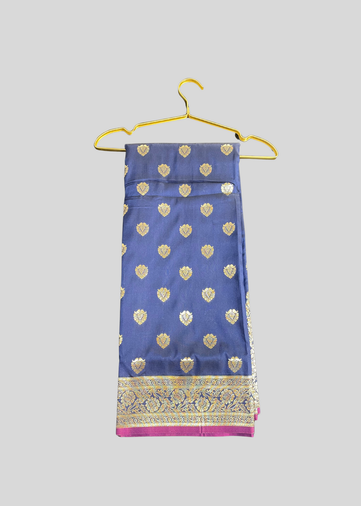 Navy blue banarasi lichi silk saree with zari weaving work [SKU:S100802]