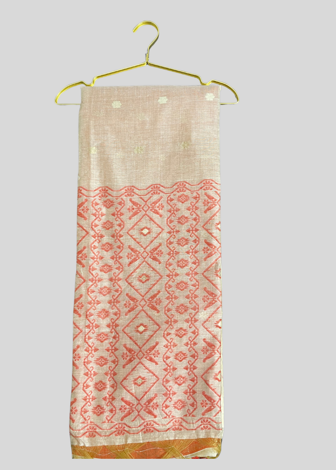 # Off white and red color soft muga cotton saree with jamdani woven design [SKU:S103342]
