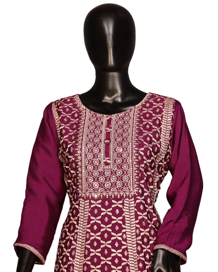 Purple Chinnon Silk Embroidery Worked Sharara Suit