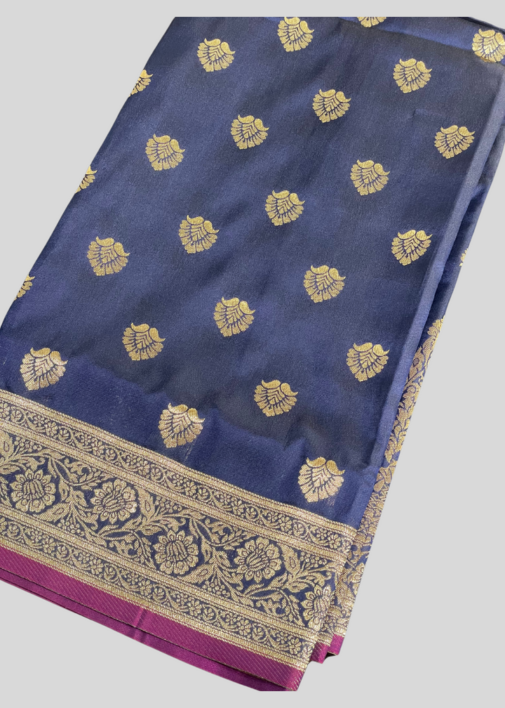 Navy blue banarasi lichi silk saree with zari weaving work [SKU:S100802]