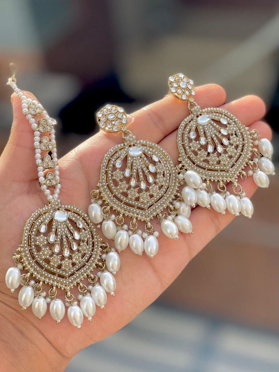 White Premium Quality Earring Set With Tikka [SKU E100251]