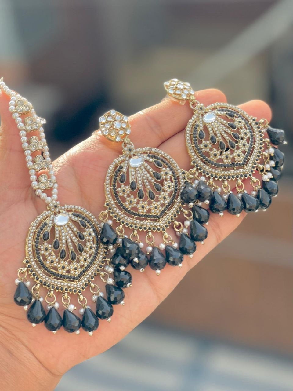 Black Premium Earring Set With Tikka [SKU E100151]