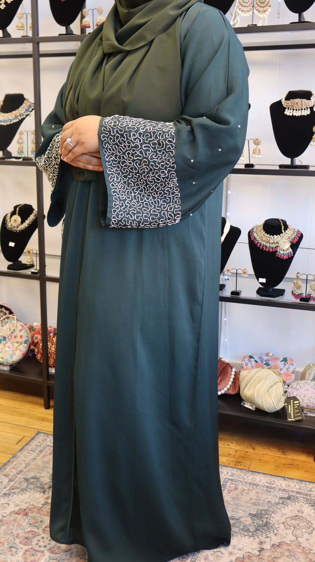 Green Premium Elegant Designer Abaya In Korean Zoom Fabric with Matching Georgette Hijab. [SKU A100400]