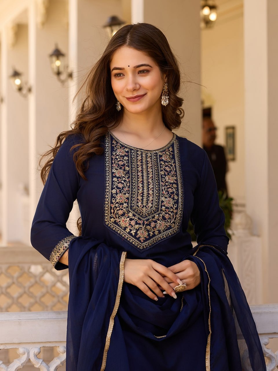 Rayon Embroided Navy Blue 3Pcs [SKU DW100551]
