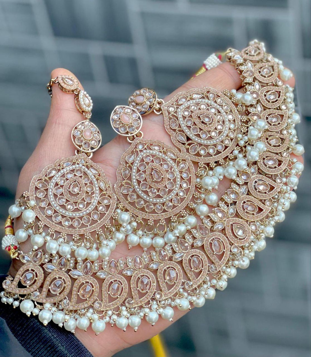 Peachy Beige Premium Quality Reverse AD Stone Worked Necklace Set [SKU: N010471]