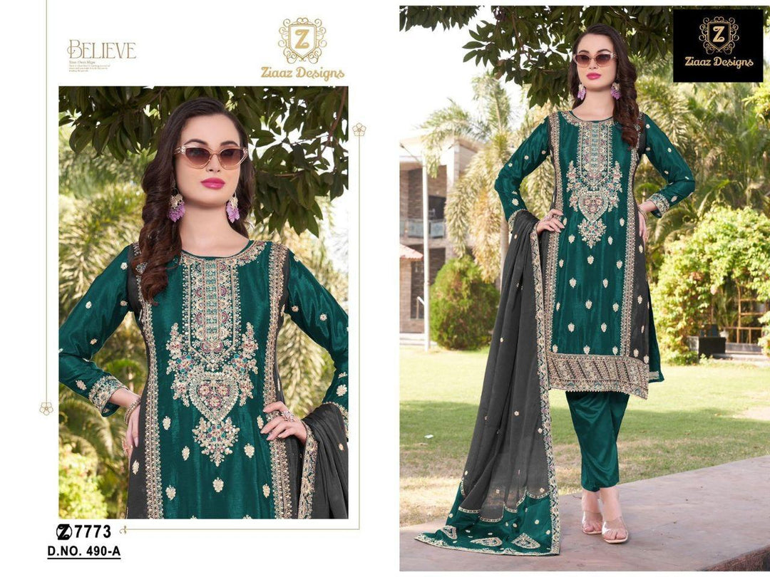 Emerald Ash Premium Chinon Coding Embroidery Salwar Suit[SKU D106323]