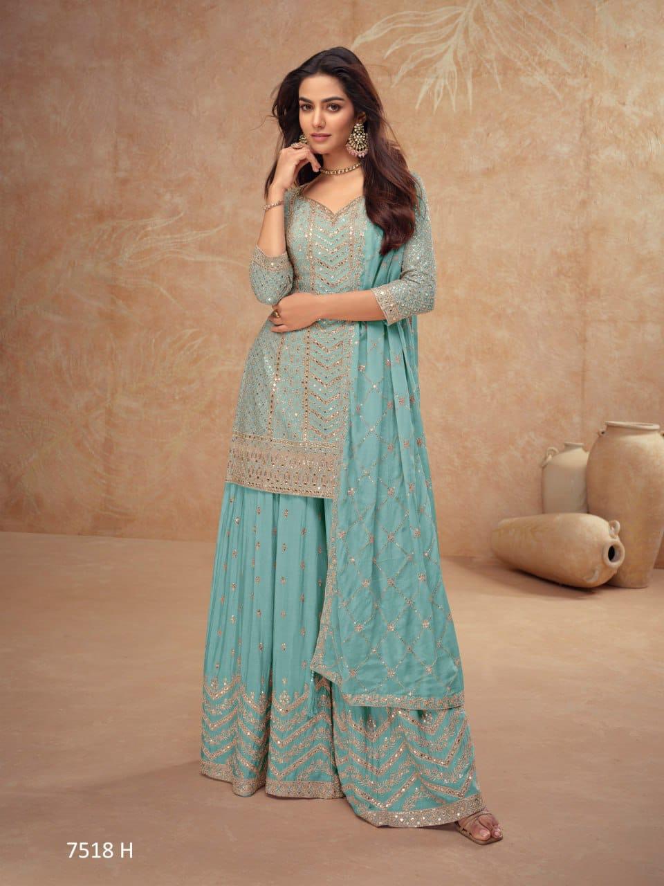 Aqua Heavy Chinon Fabric With Sequence Work [SKU D105643]