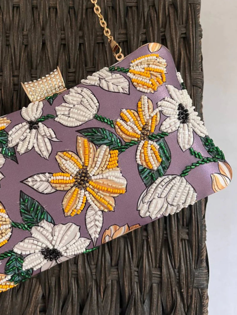 Grey Yellow Poppy Floral Clutch [C102303]