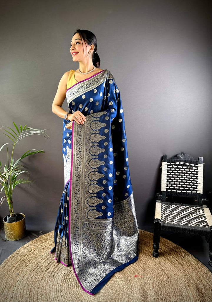 Navy blue banarasi lichi silk saree with zari weaving work [SKU:S100802]